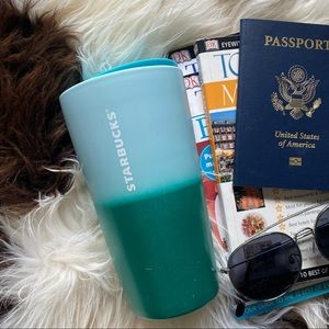 STARBUCKS 2020 Green Teal Glitter Ombre Ceramic Travel Mug 12 Oz.